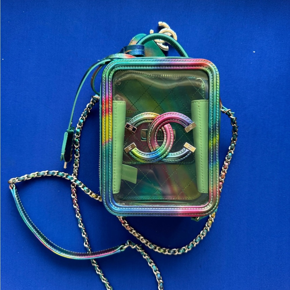 CHANEL Blue and Green crossbody bag with Chain Link Design